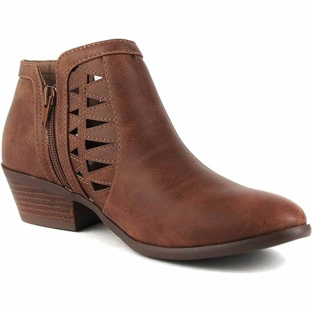NEW SODA women's perforated cut out stacked booties in brown